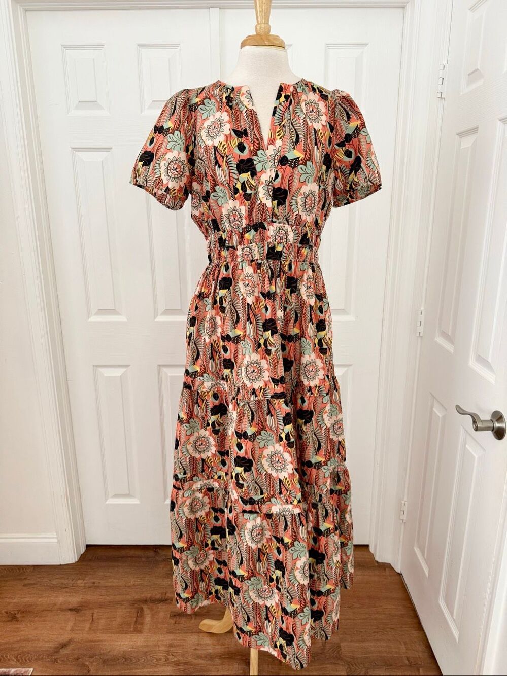Anthropologie The Somerset Maxi Dress Orange Motif Floral Tiered Cotton L Fall